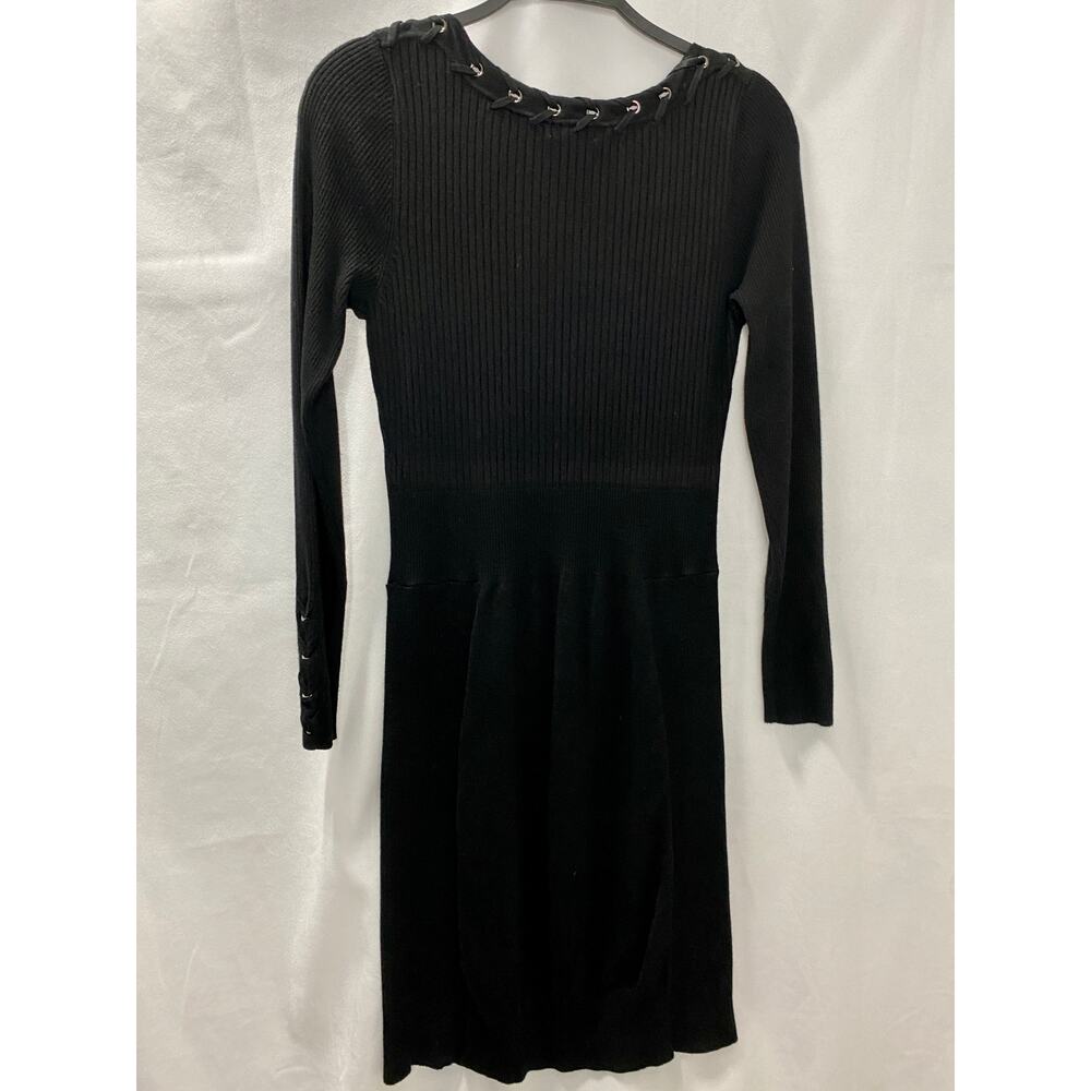 Chache Black Round Neck Long Sleeve Ribbed Knit Bodycon Dress Medium - Picture 6 of 10